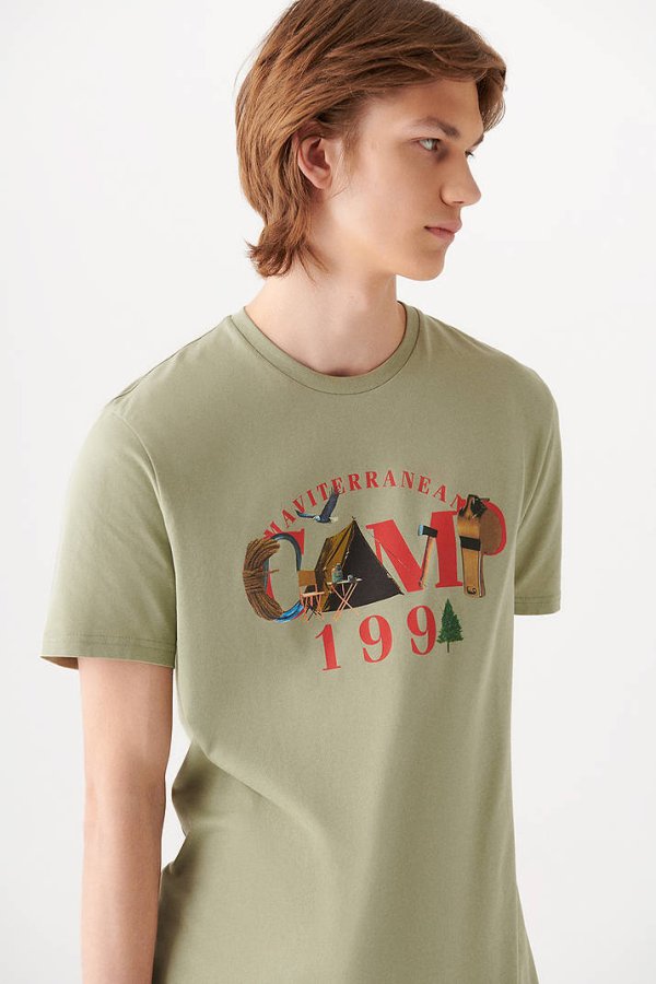 Camp Baskılı Tişört Soluk Haki 