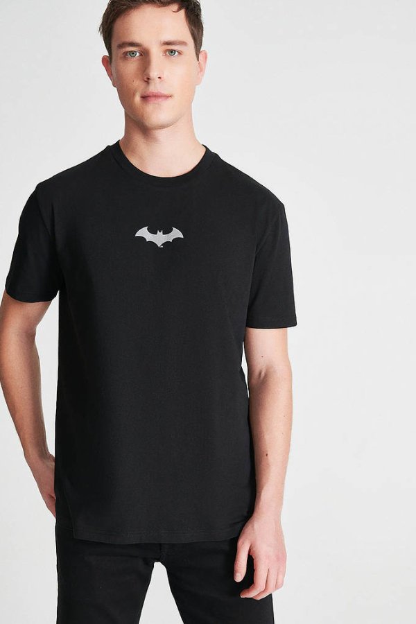 Batman Reflektör Baskılı Tişört Siyah 