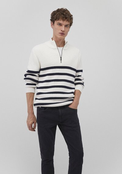 ÇİZGİLİ FERMUARLI KAZAK Kırık Beyaz