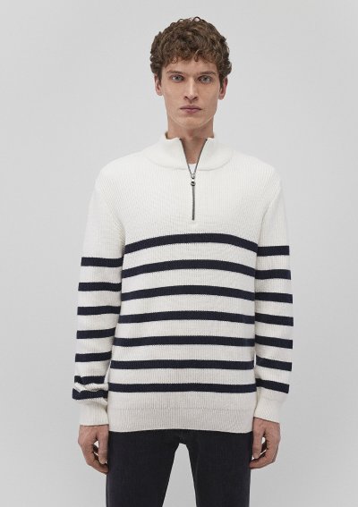 ÇİZGİLİ FERMUARLI KAZAK Kırık Beyaz