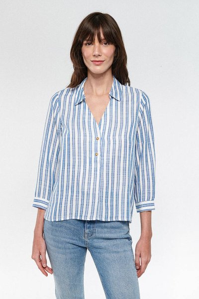 DÜĞME DETAYLI BLUZ İndigo Çizgili