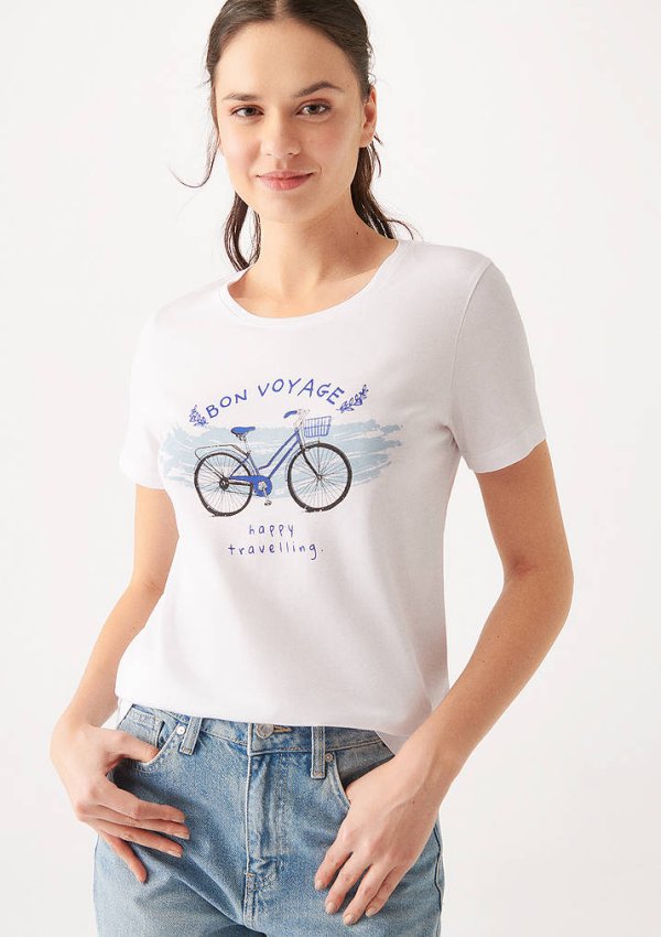 Bisiklet Baskılı Tişört  Beyaz 