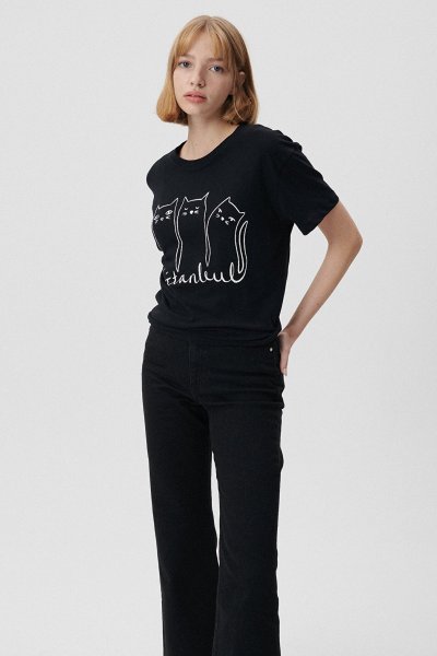 KEDİ BASKILI TİŞÖRT Kömür