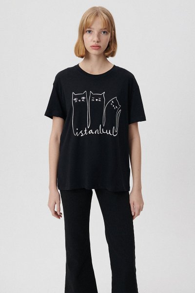 KEDİ BASKILI TİŞÖRT Kömür