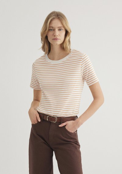 BİSİKLET YAKA TİŞÖRT  Apricot Tan Stripe