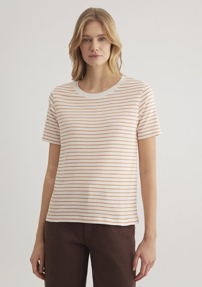 BİSİKLET YAKA TİŞÖRT  Apricot Tan Stripe