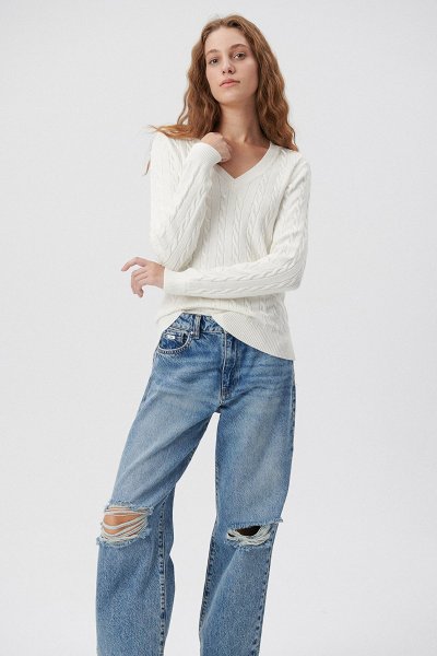 V YAKA KAZAK Kırık Beyaz