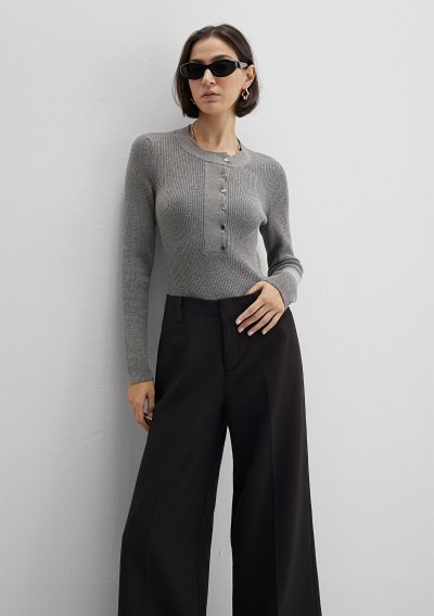 YUVARLAK YAKA KAZAK Gri Melanj