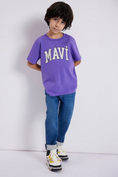 Mavi Logo Baskılı Mor Tişört