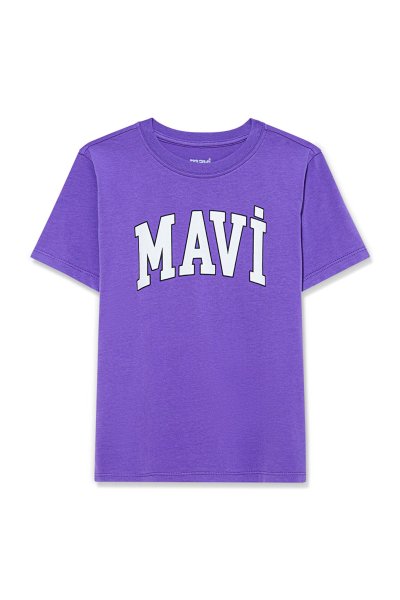 Mavi Logo Baskılı Mor Tişört