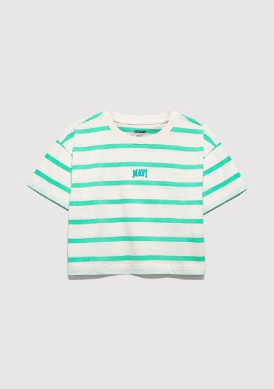 MAVİ LOGO BASKILI ÇİZGİLİ CROP TİŞÖRT Br