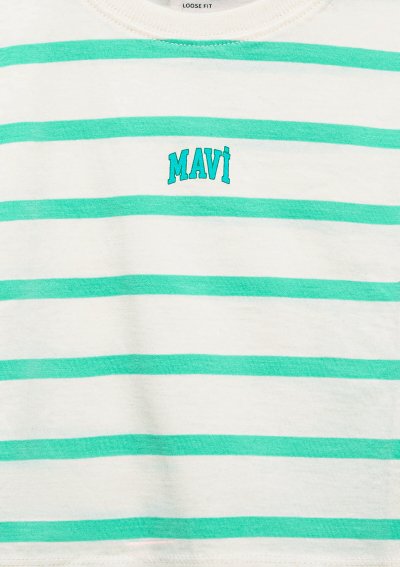 MAVİ LOGO BASKILI ÇİZGİLİ CROP TİŞÖRT Br