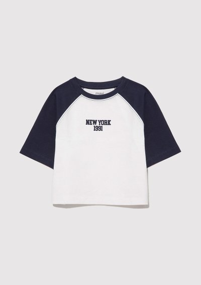 NEW YORK BASKILI CROP TİŞÖRT Kırık Beyaz