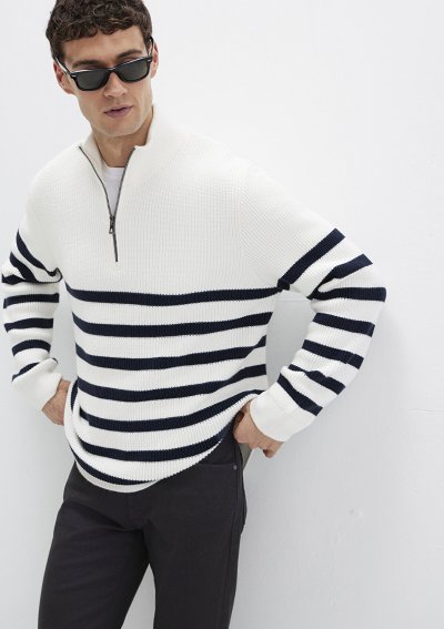 ÇİZGİLİ FERMUARLI KAZAK Kırık Beyaz