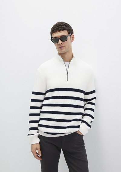 ÇİZGİLİ FERMUARLI KAZAK Kırık Beyaz