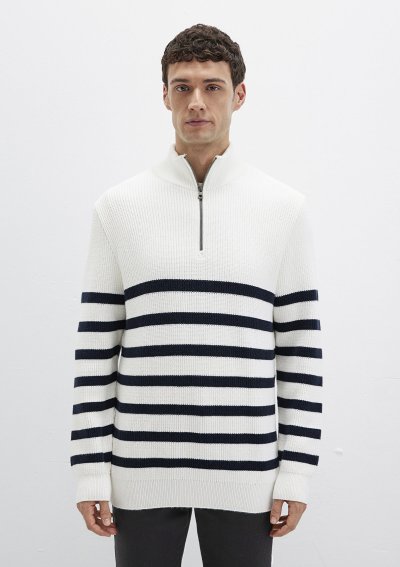 ÇİZGİLİ FERMUARLI KAZAK Kırık Beyaz