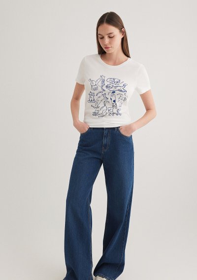 KEDİ BASKILI GRAFİK TIŞORT Kırık Beyaz