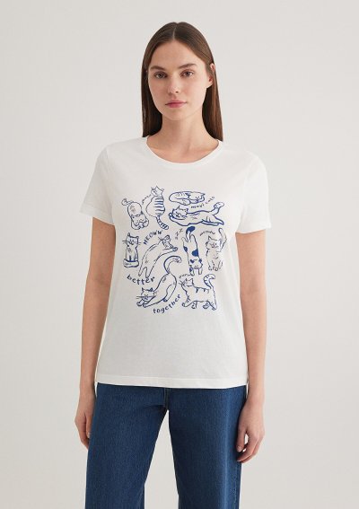 KEDİ BASKILI GRAFİK TIŞORT Kırık Beyaz