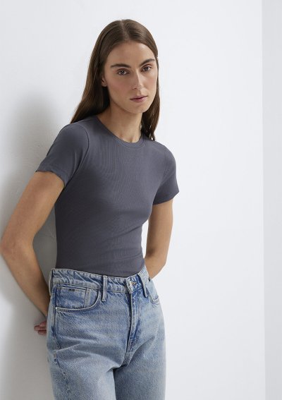 KISA KOLLU BASIC PENYE ÜST Gri İnce Çizg