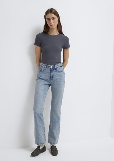 KISA KOLLU BASIC PENYE ÜST Gri İnce Çizg