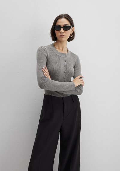 YUVARLAK YAKA KAZAK Gri Melanj