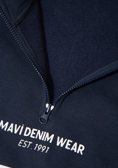 YARI FERMUARLI ÇİZGİLİ SWEATSHIRT Koyu L