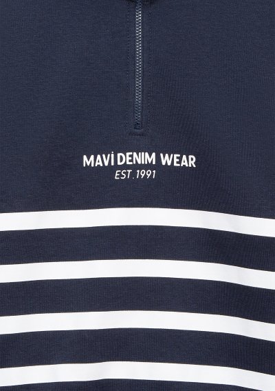 YARI FERMUARLI ÇİZGİLİ SWEATSHIRT Koyu L